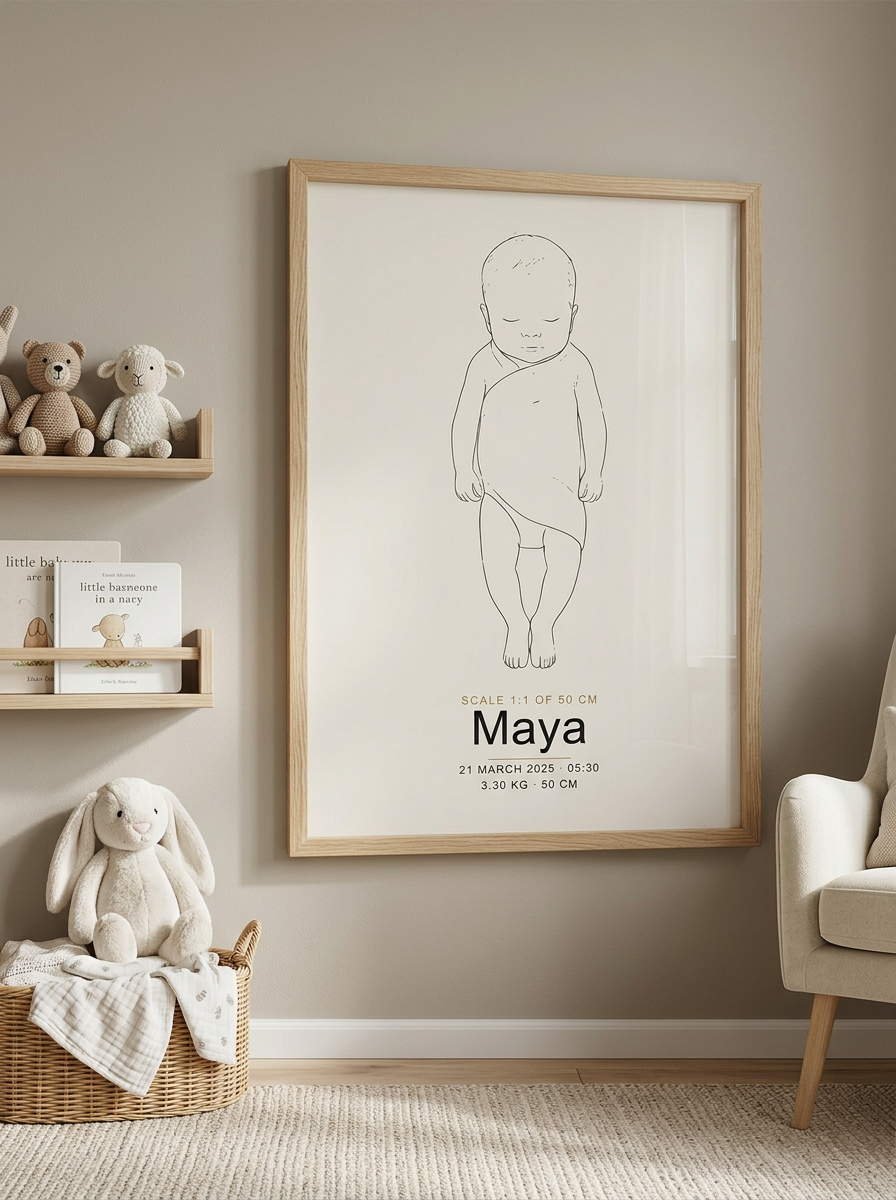 A personalised birth poster framed on a nursery wall